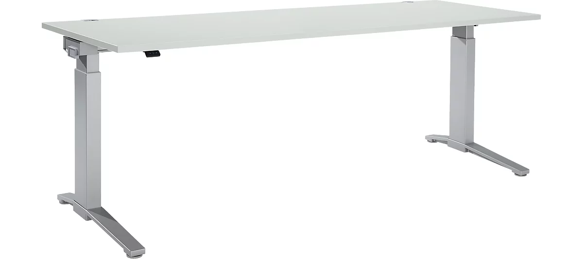 Schäfer Shop Genius Escritorio PLANOVA ergoSTYLE, pata en C, rectangular, ajustable en altura eléctr. en 1 nivel, An 2000 mm, gris luminoso/aluminio blanco 