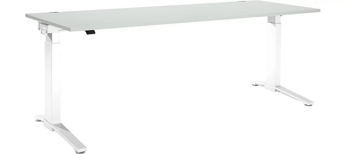 Schäfer Shop Genius Escritorio PLANOVA ergoSTYLE, pata en C, rectangular, ajustable en altura eléctr. en 1 nivel, An 2000 mm, gris luminoso/blanco 