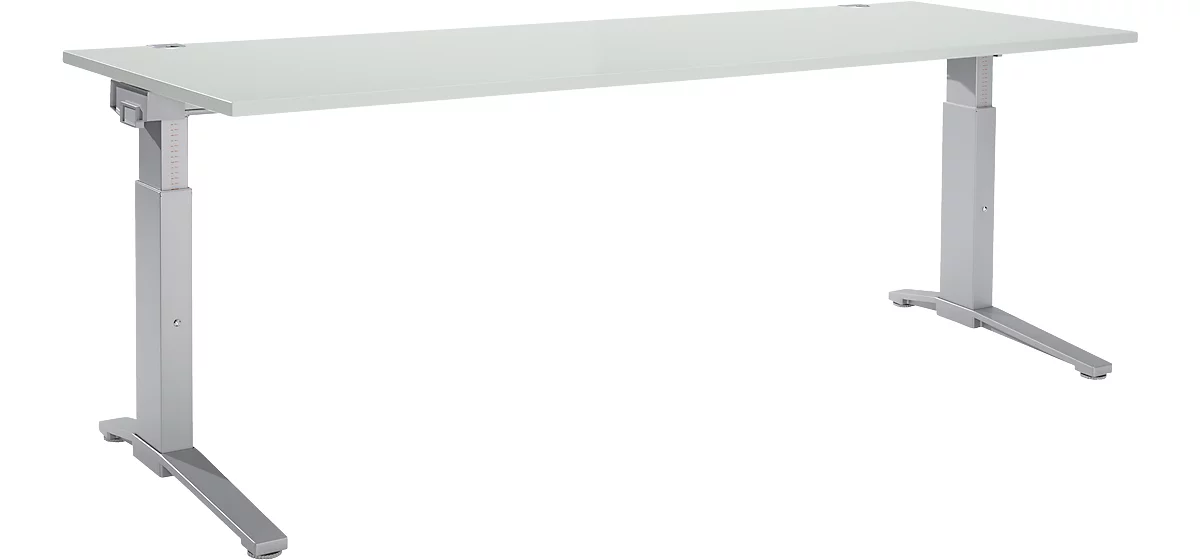 Schäfer Shop Genius Escritorio PLANOVA ergoSTYLE, pata en C, rectangular, ajustable en altura man., An 2000 x P 800 x Al 675-895 mm, gris luminoso/aluminio blanco 
