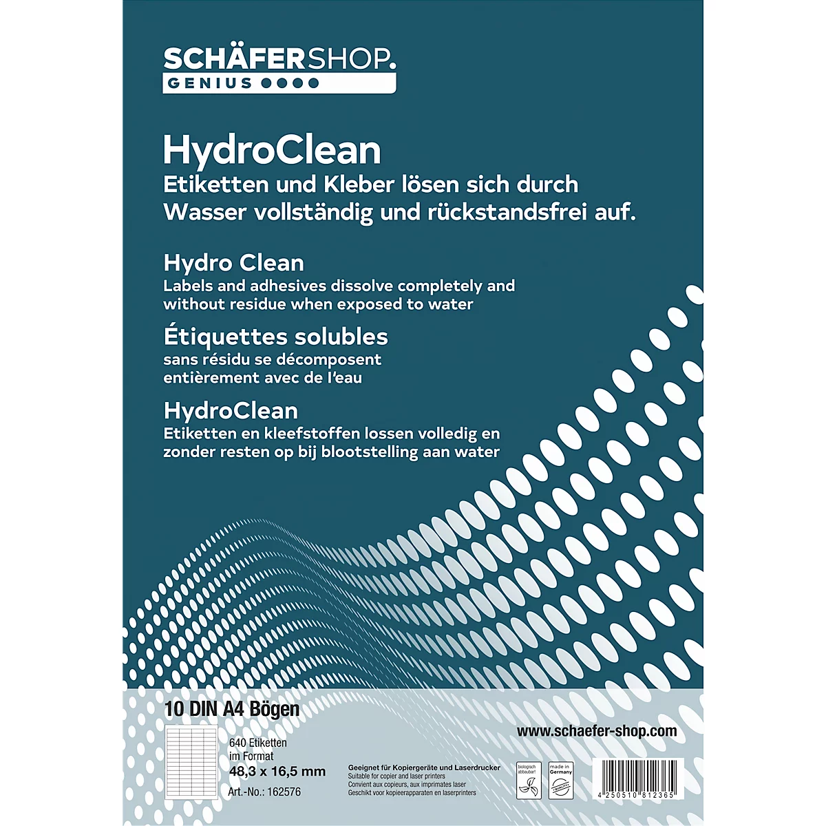 Feuille d'étiquettes bleu et blanc avec l'inscription 'HydroClean'. Texte en allemand, anglais, français et néerlandais. Contient 10 feuilles DIN A4.