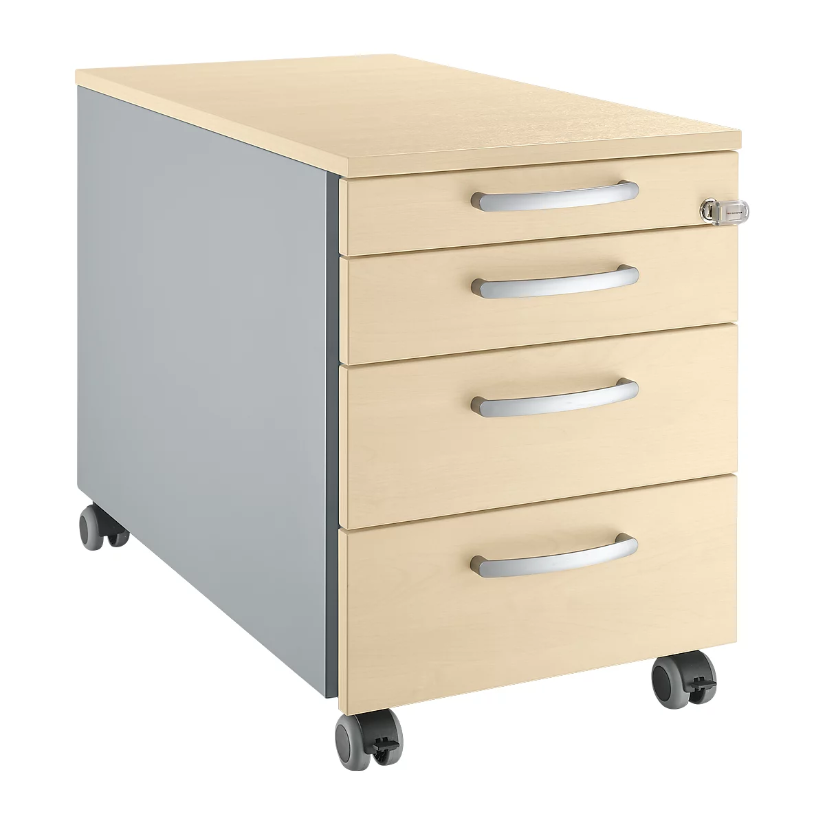 Beige and grey rolling cabinet with four drawers, silver handles, casters, and a lock.