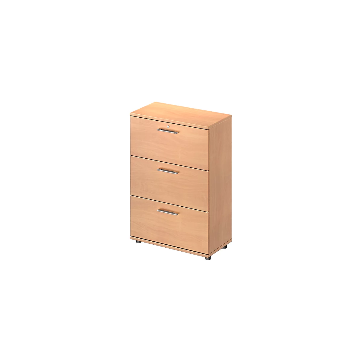 Light brown wooden filing cabinet with three drawers and silver handles.