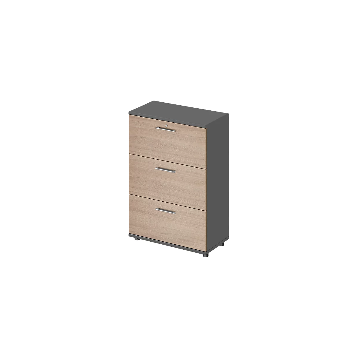 Three-drawer filing cabinet with wood grain, gray top, and silver handles.