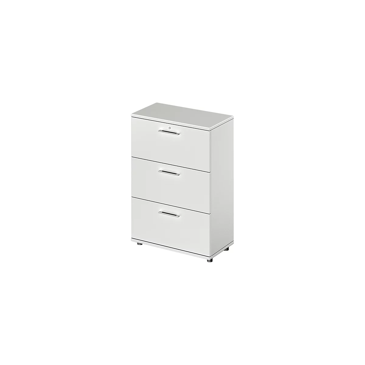White file cabinet with three drawers and silver handles. The cabinet is standing on small, round feet.