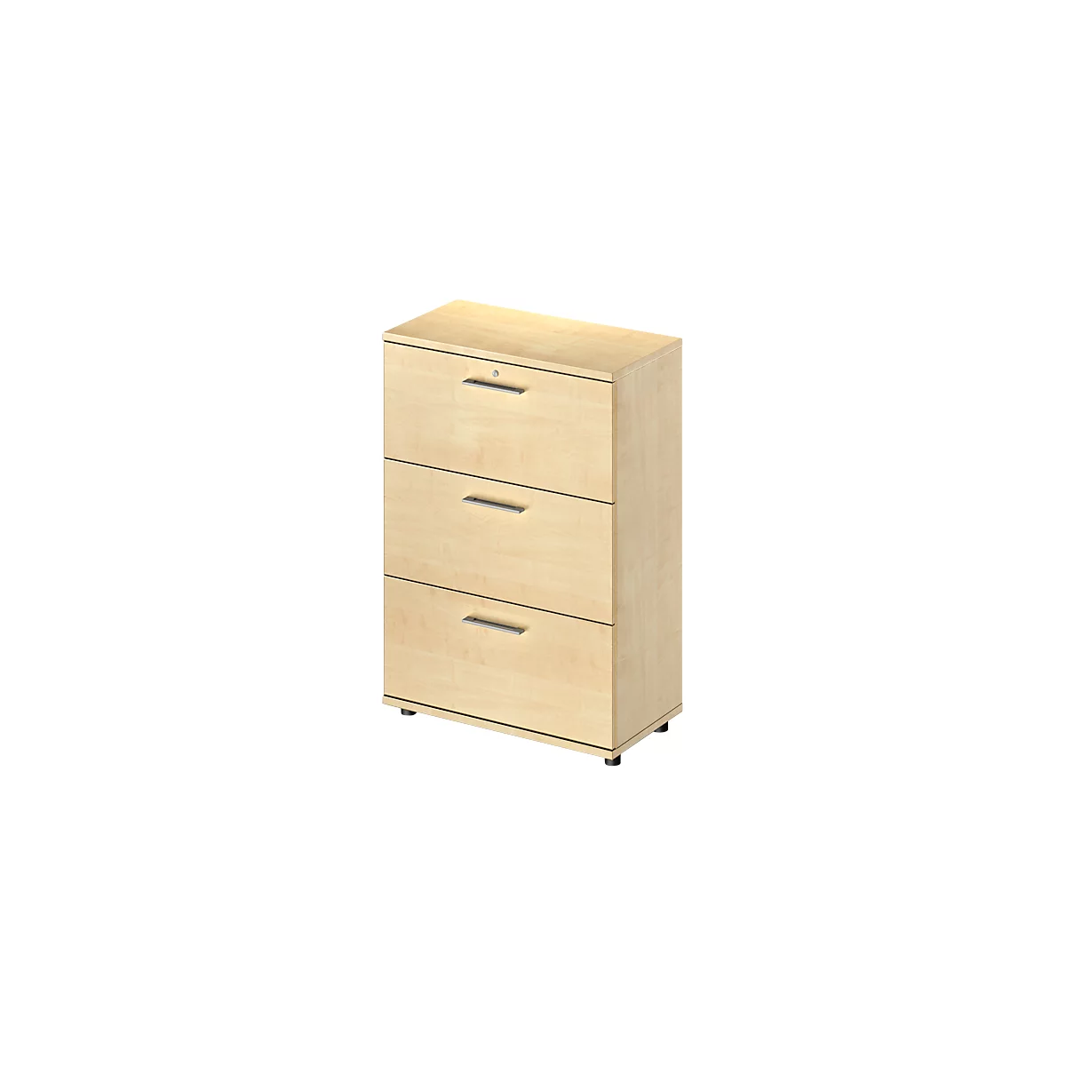 A light brown file cabinet with three drawers, silver handles, and a lock.