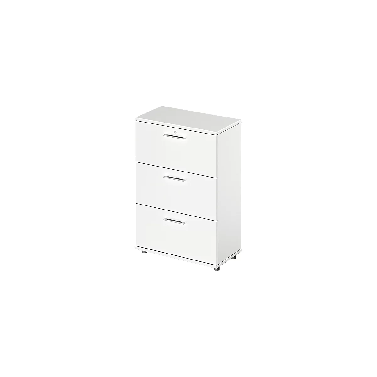 White file cabinet with three drawers and silver handles. A keyhole on top.