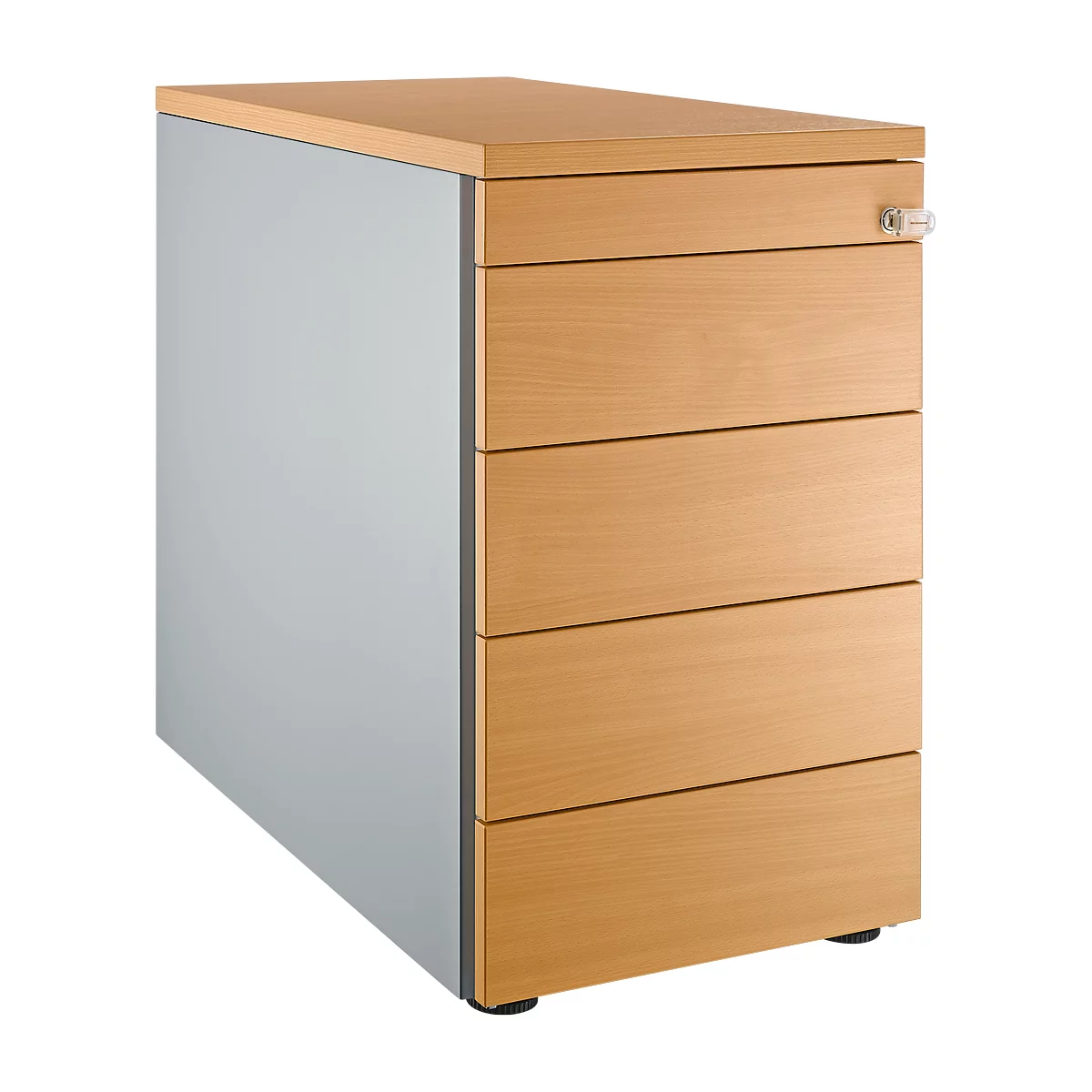 A tall, narrow desk cabinet with a gray side and light brown wood drawers. There is a lock on the top drawer.