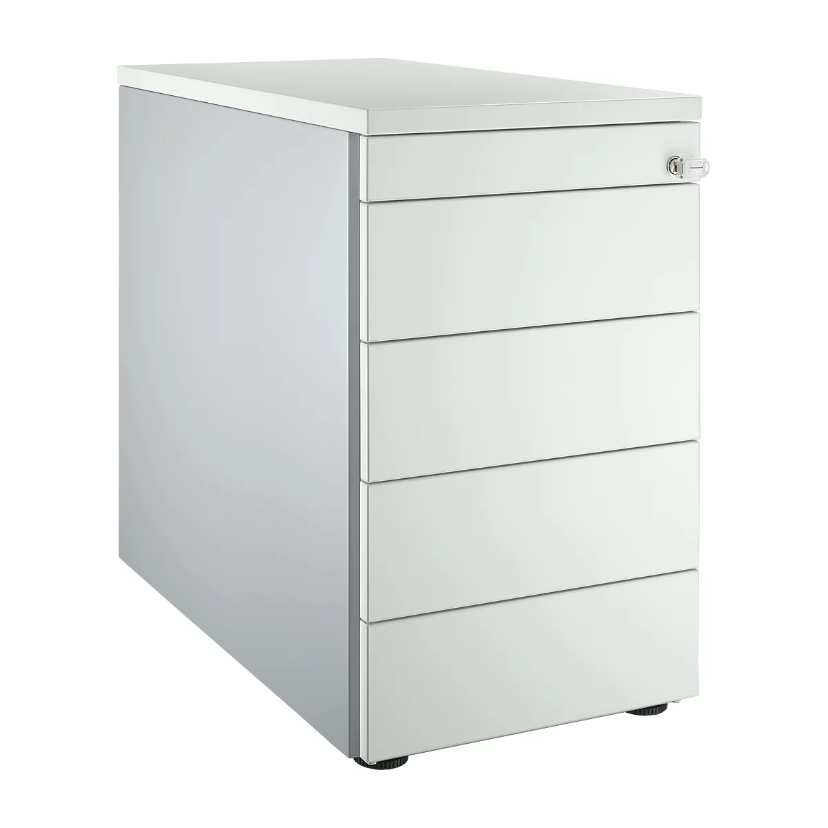 A white mobile pedestal with four drawers and a lock.