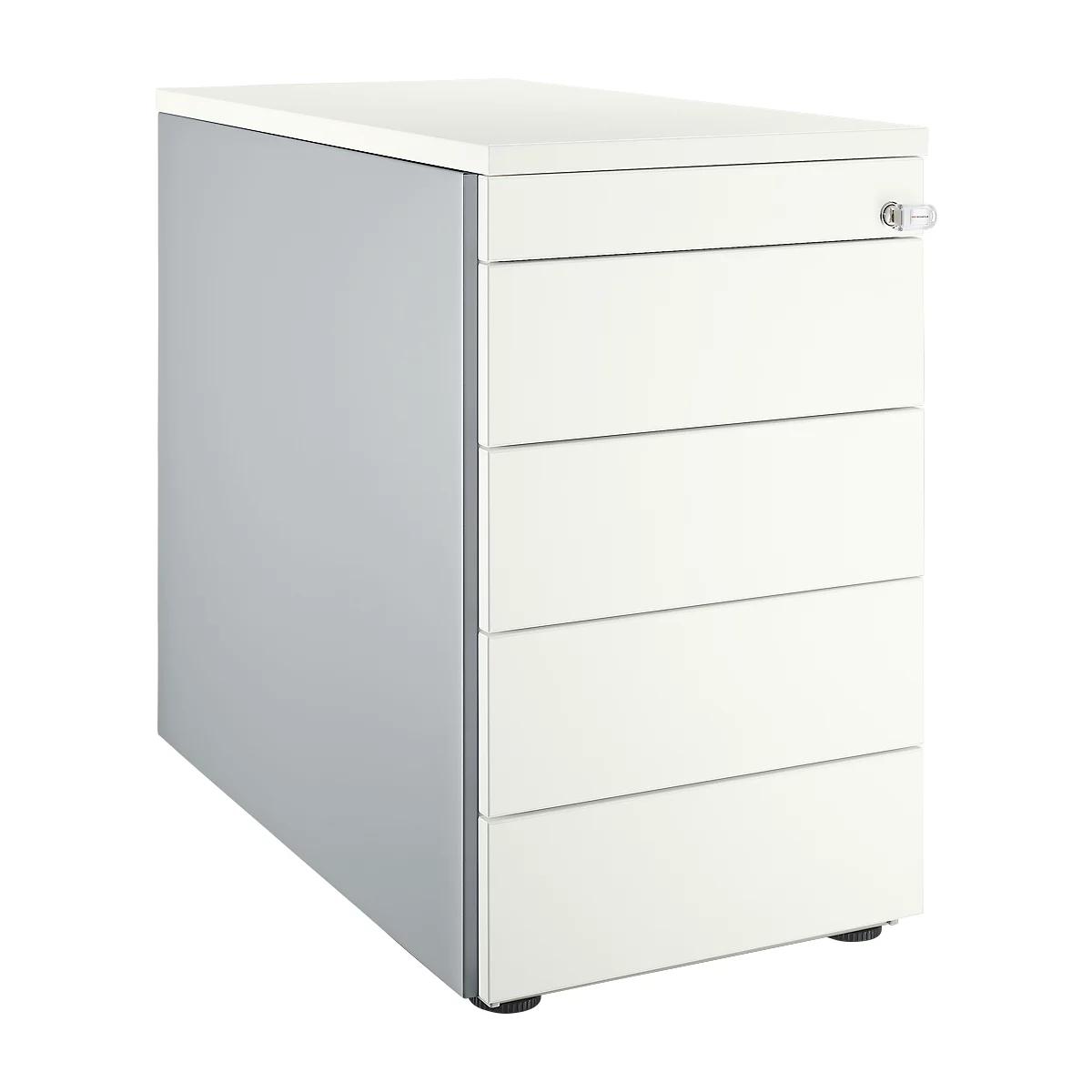 White and gray filing cabinet with four drawers and lock.