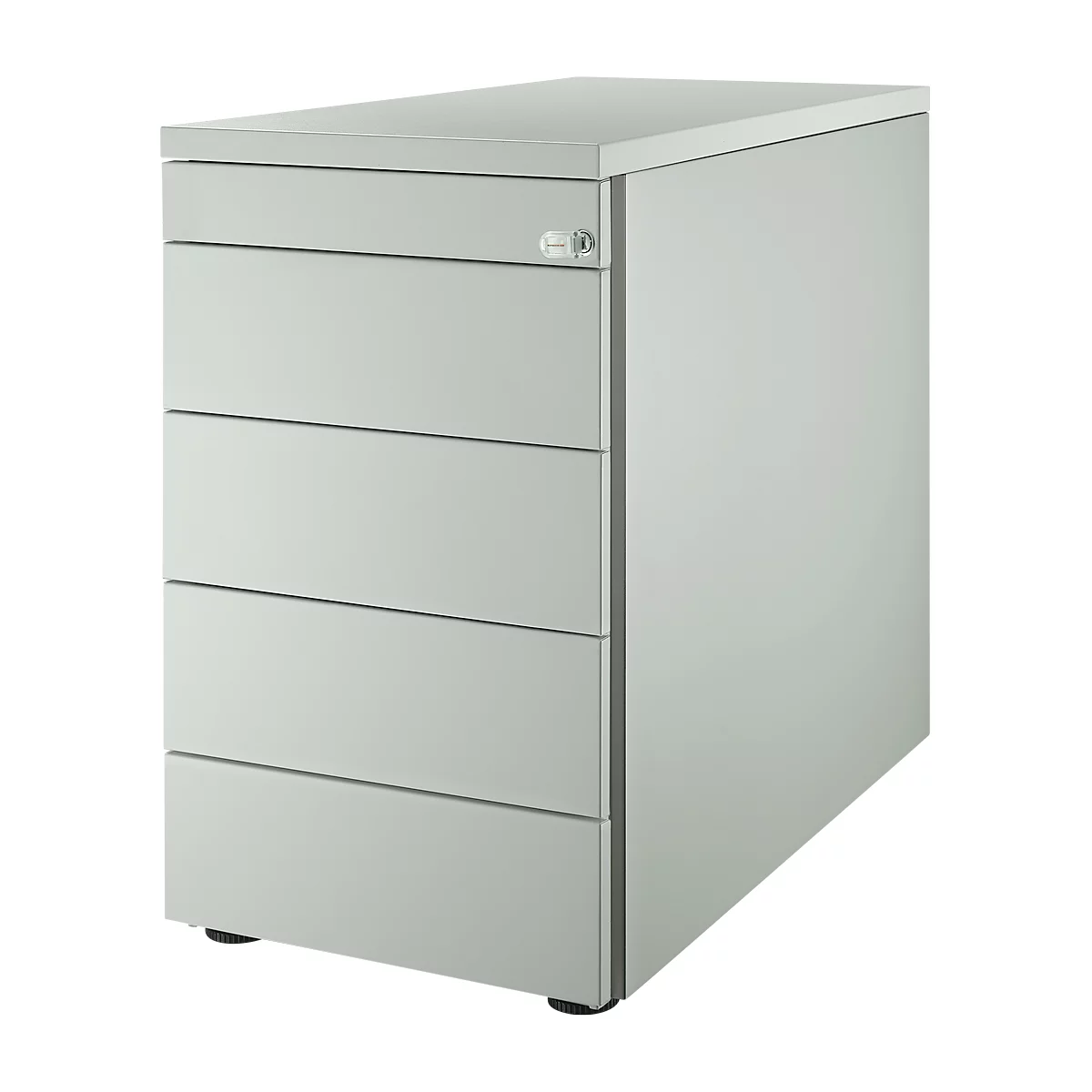Grey metal filing cabinet with four drawers and a lock.