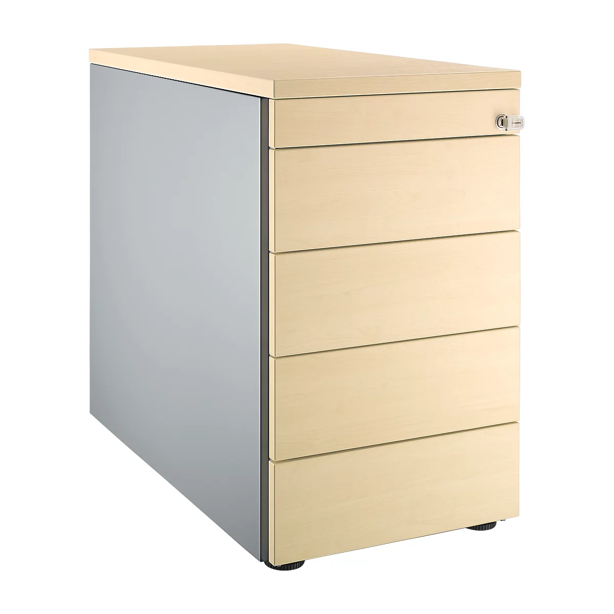 Beige file cabinet with four drawers, a gray side, and black feet.