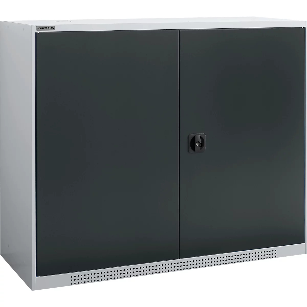 Schäfer Shop Genius Flügeltürenschrank FS, Stahl, mit Belüftungslöchern, B 1343 x T 520 x H 1105 mm, 3 OH, Weißalu/Anthrazitgrau, bis 450 kg