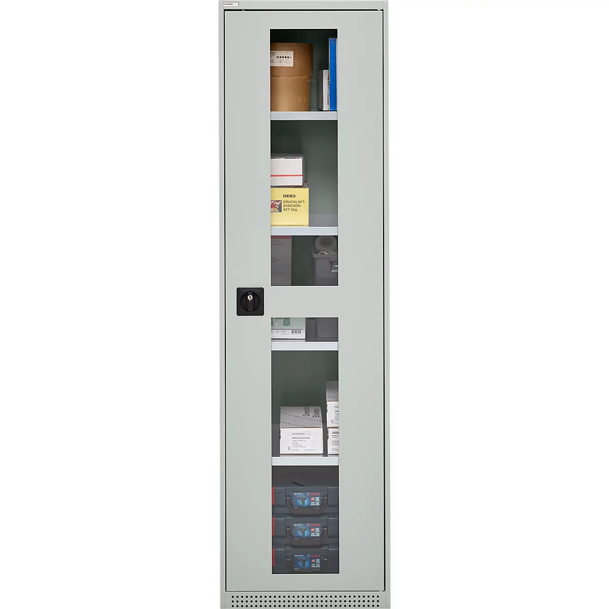 Schäfer Shop Genius Flügeltürenschrank FS, Stahl, Sichtfenster, Lüftungslöcher, B 545 x T 520 x H 1950 mm, 5 OH, Lichtgrau/Lichtgrau, bis 250 kg 