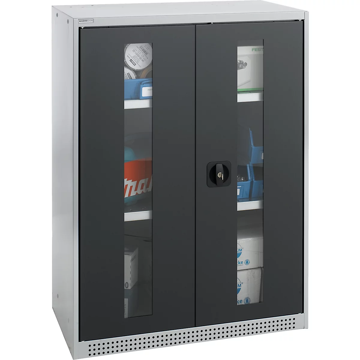 Schäfer Shop Genius Flügeltürenschrank FS, Stahl, Sichtfenster, Lüftungslöcher, B 810 x T 520 x H 1105 mm, 3 OH, Weißalu/Anthrazitgrau, bis 180 kg