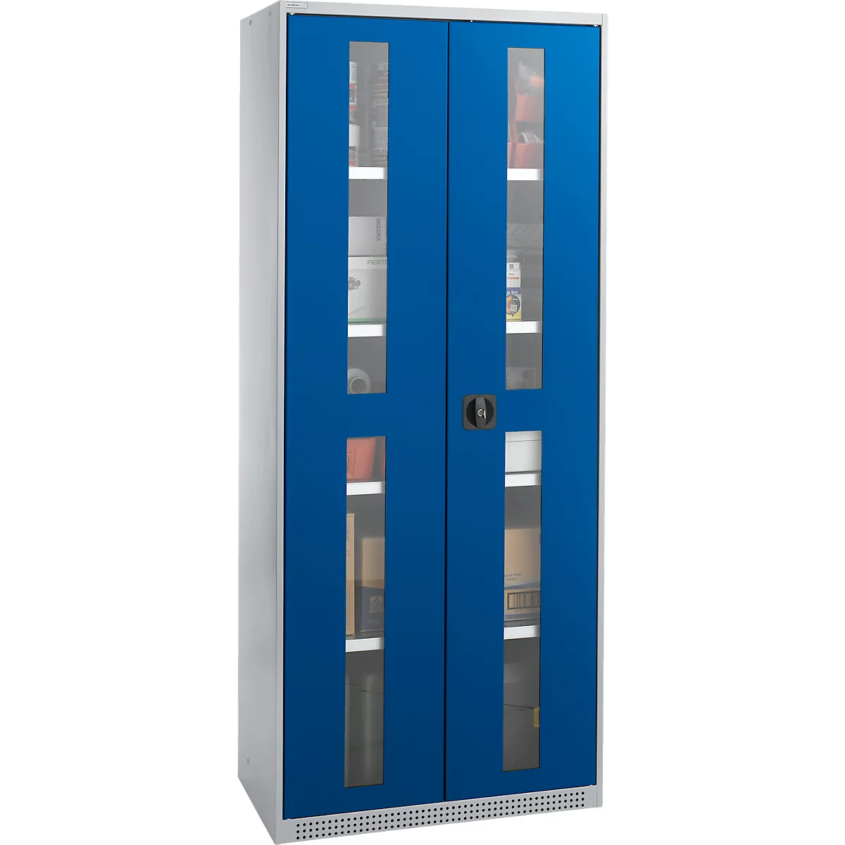Schäfer Shop Genius Flügeltürenschrank FS, Stahl, Sichtfenster, Lüftungslöcher, B 810 x T 520 x H 1950 mm, 5 OH, Weißalu/Enzianblau, bis 300 kg 