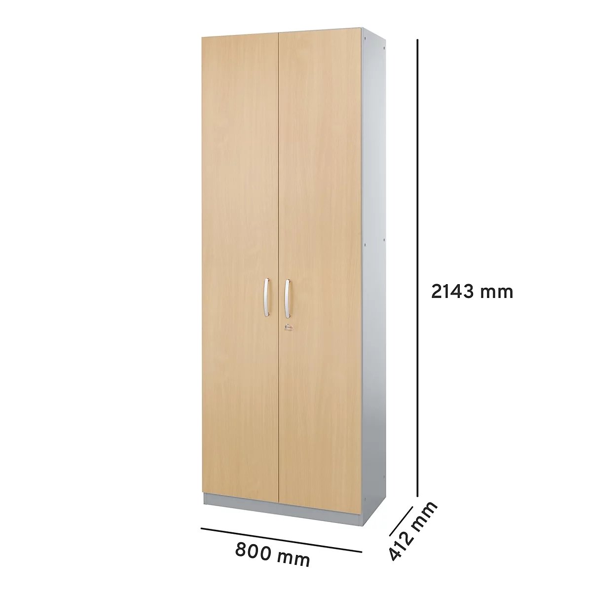 Ein hoher Schrank aus hellem Holz mit Doppeltüren und Metallgriffen. Die Maße sind angegeben.