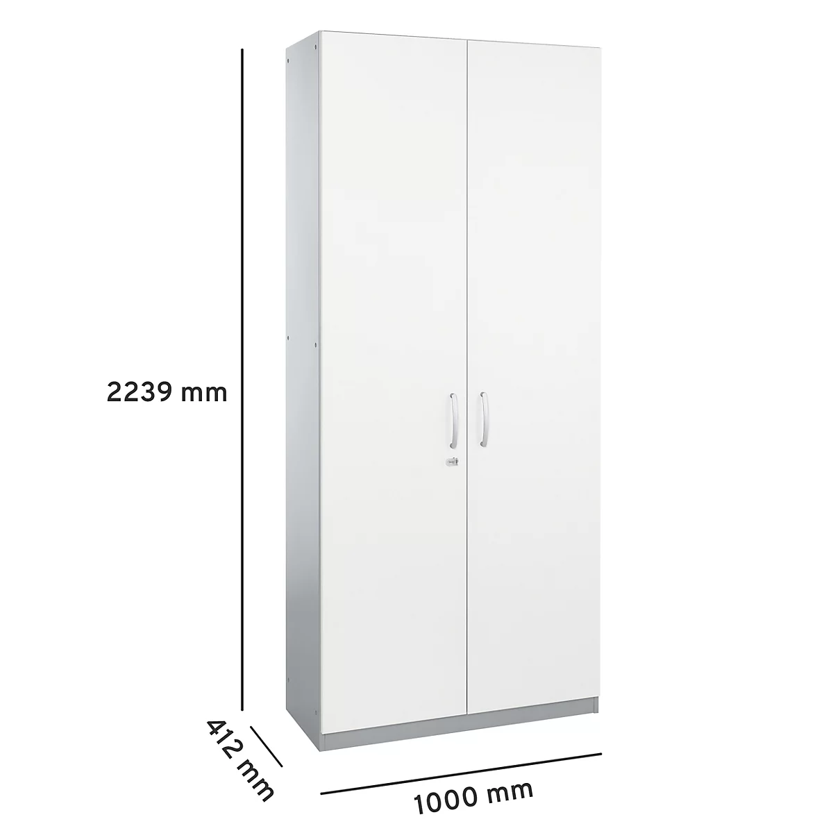 Weißer Schrank mit zwei Türen, silbernen Griffen und Maßangaben.