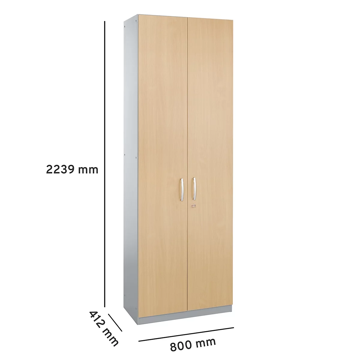 Hellbrauner Schrank mit zwei Türen, silberfarbenen Griffen und Schloss. Maße: 2239 x 800 x 412 mm.