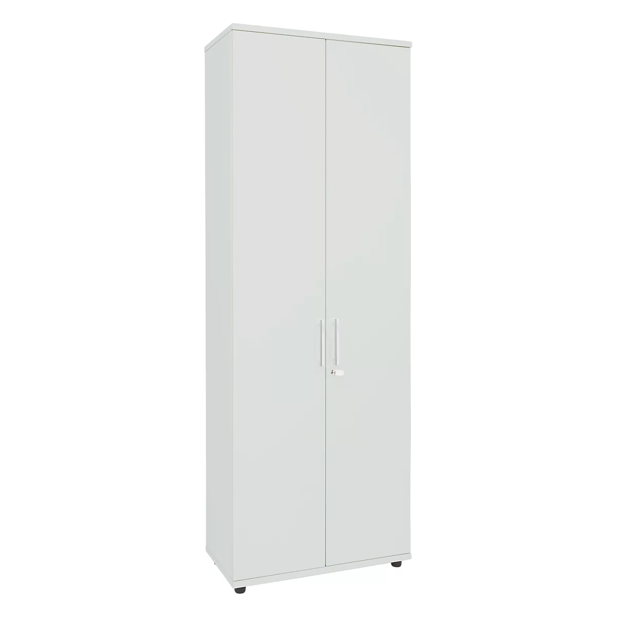 Ein weisser Schrank mit zwei Türen. Die Türen haben schmale, vertikale Griffe und einen kleinen Griff in der Mitte.