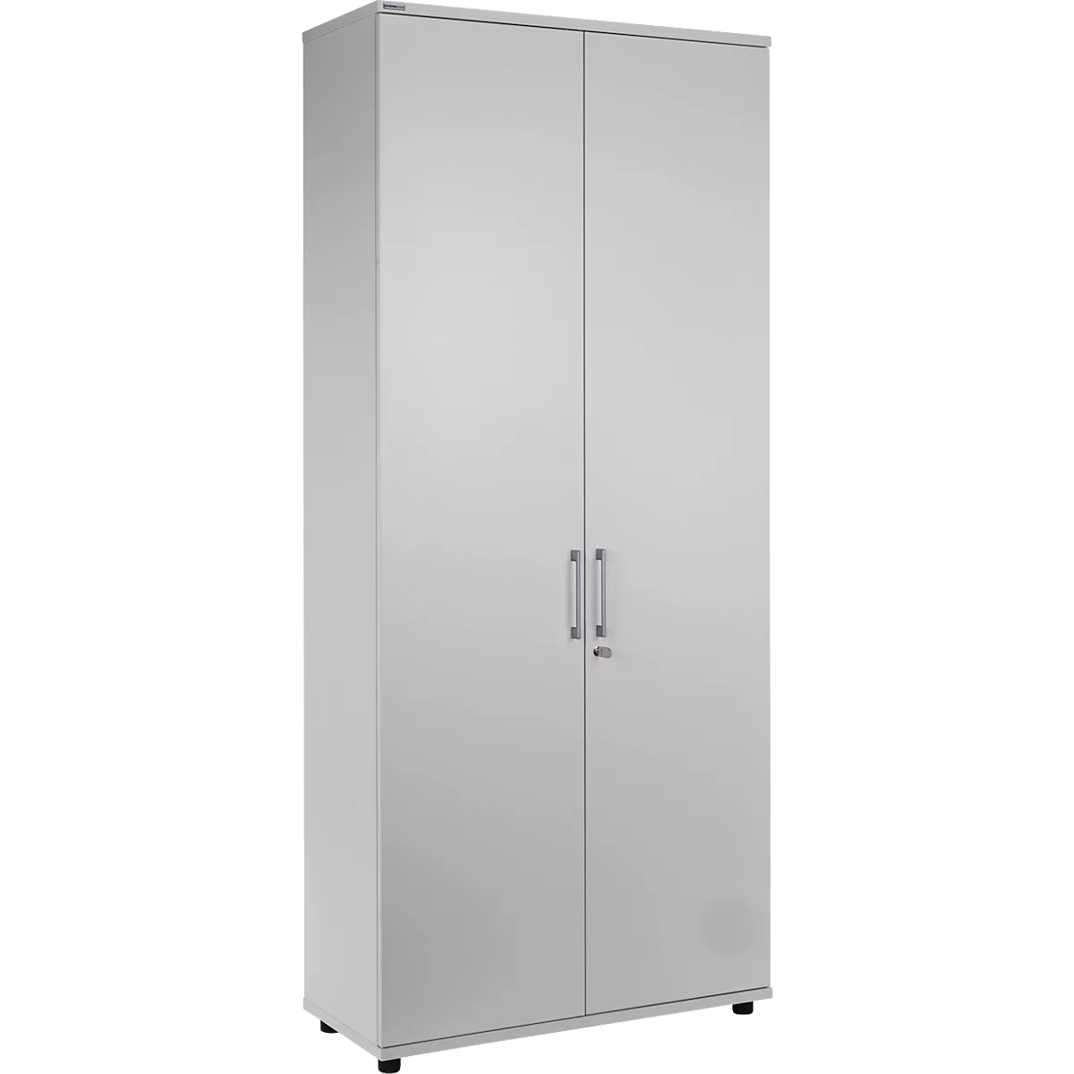 Ein grauer Schrank mit zwei Türen, Griffen und Schloss.
