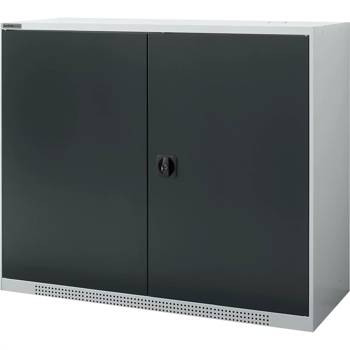Schäfer Shop Genius Flügeltürschrank FS, Stahl, mit Belüftungslöchern, B 1343 x T 420 x H 1105 mm, 3 OH, weißaluminium/anthrazitgrau, bis 450 kg