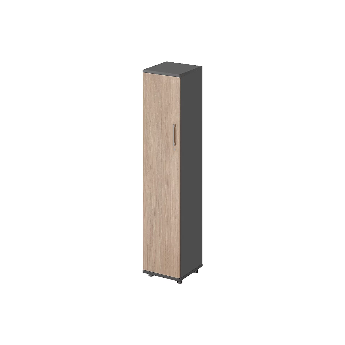 Wooden cabinet with gray sides and top. Wood-look handle.
