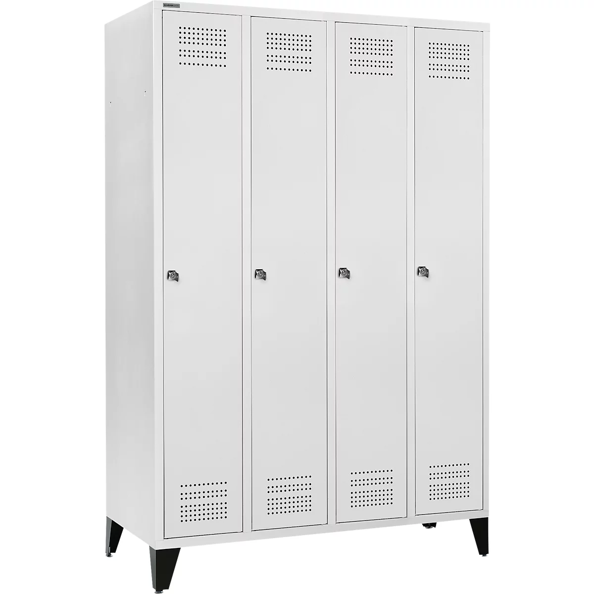 White cabinet with four doors, small handles and holes for air circulation.