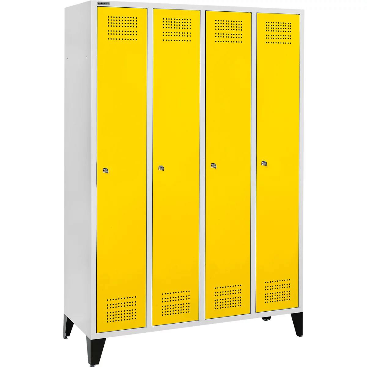Yellow lockers with white frame. Four doors, each with a handle. Hole pattern at the top and bottom.
