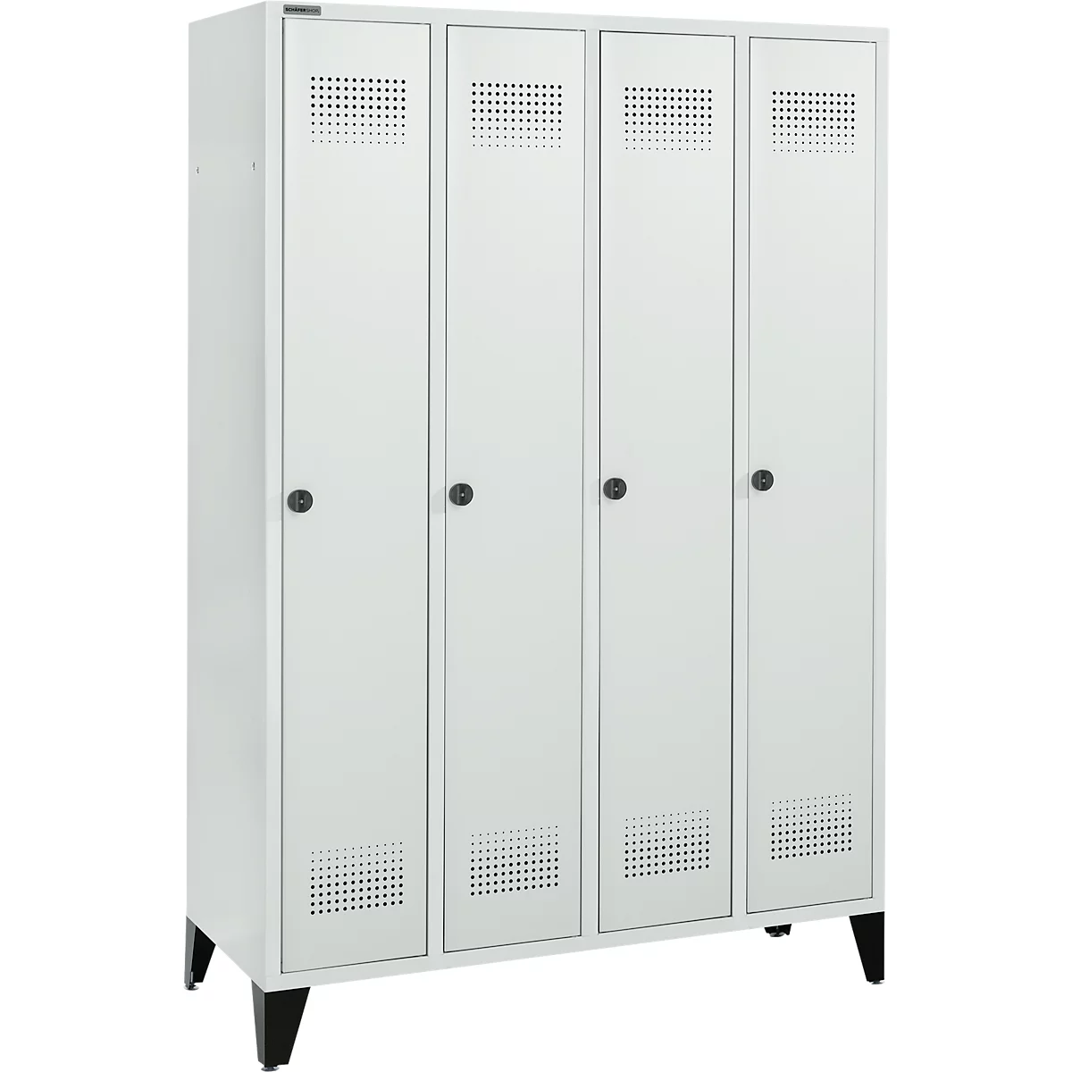 White locker with four doors, perforated pattern, black handles and feet.