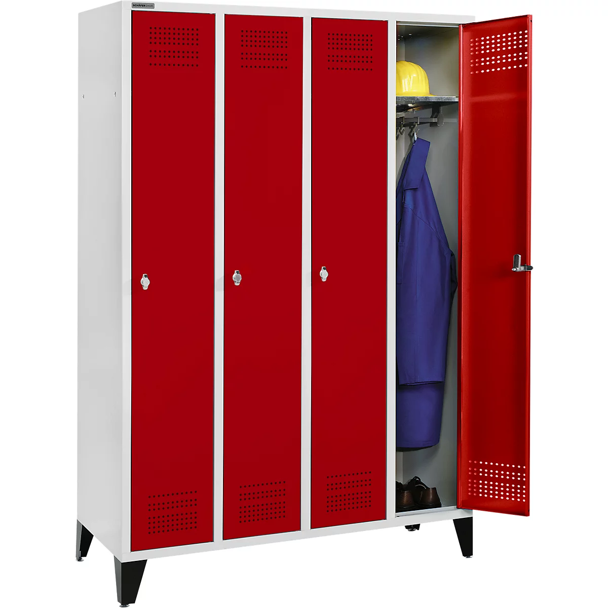 A red locker with three doors. One door is open showing clothes and a helmet.