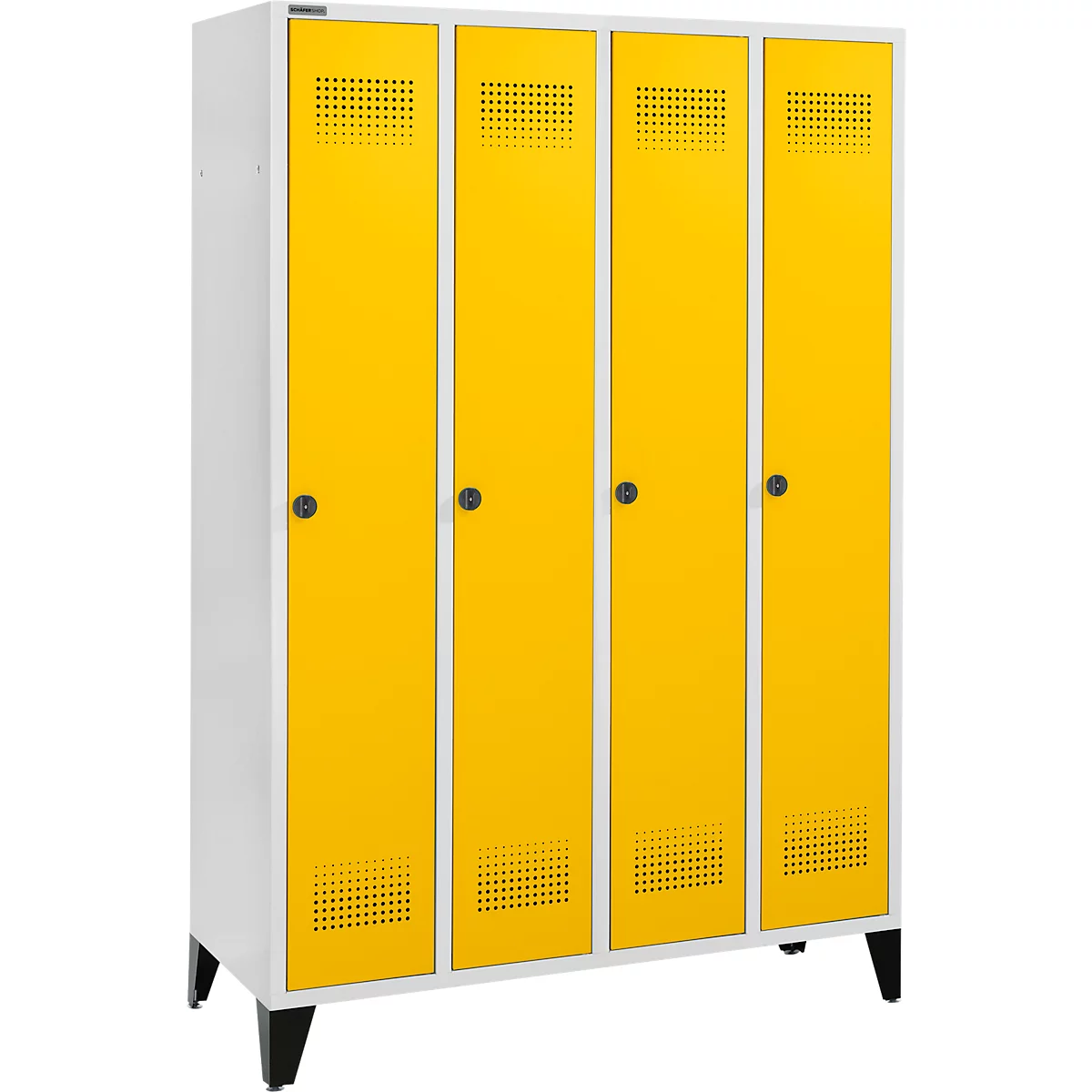 A cabinet with four yellow doors, gray sides, and black frame.