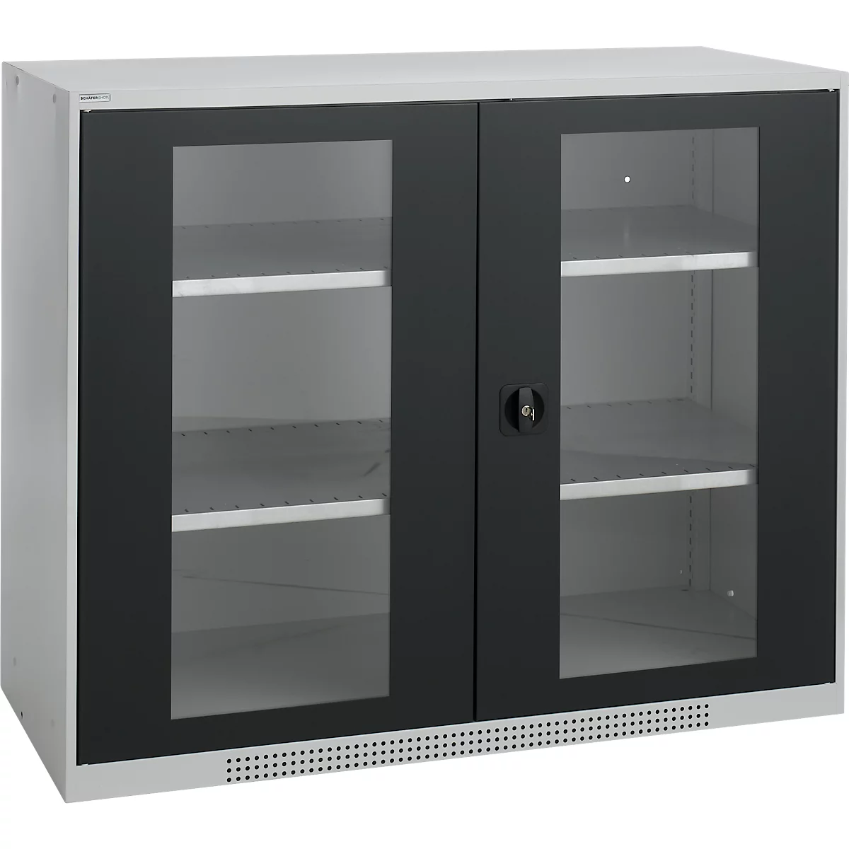 A white-gray cabinet with two glass doors and black frames. Shelves are visible behind. A handle is in the middle.