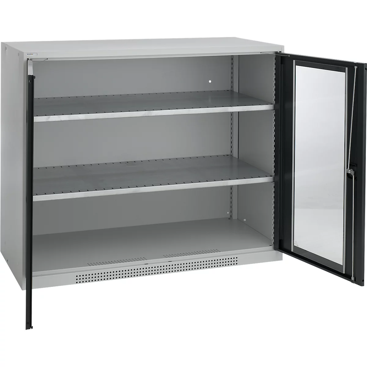 Refrigerator with open glass door, three shelves and gray color.