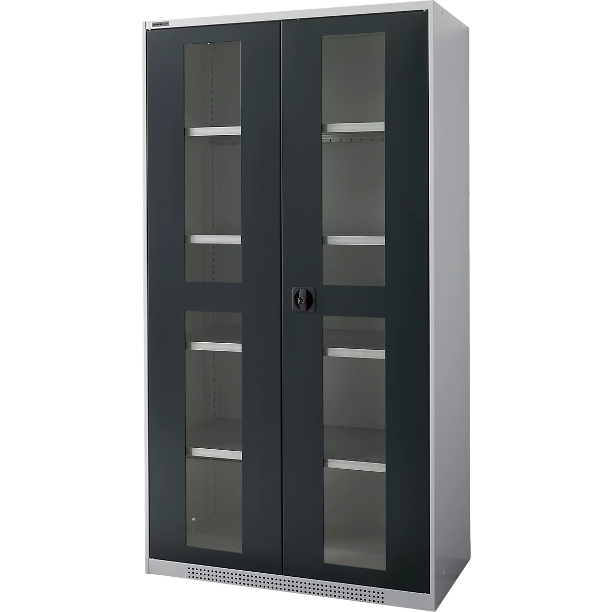 Dark grey office cabinet with glass front, two doors, handle and shelves.