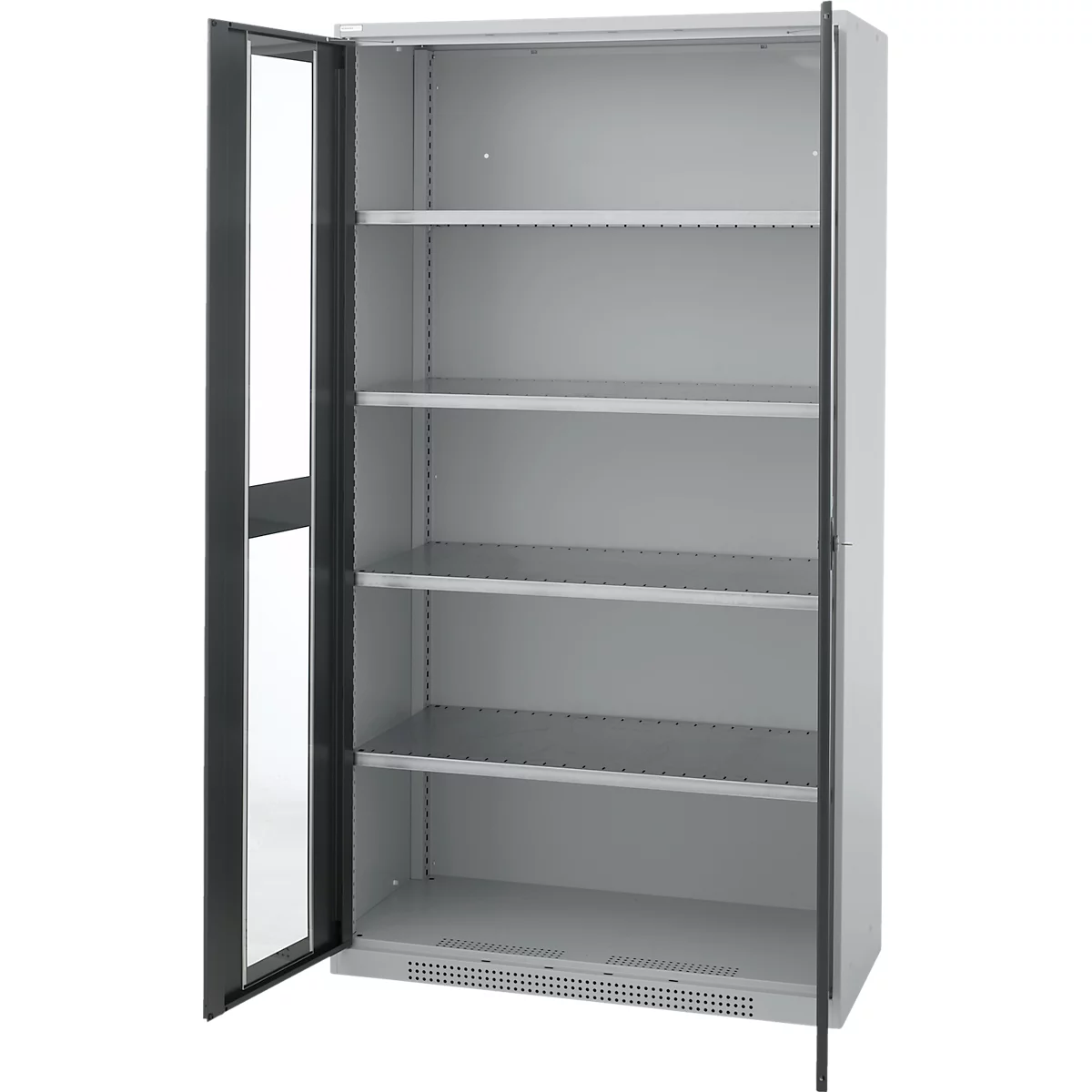 Grey steel cabinet with opened door, shelves behind.