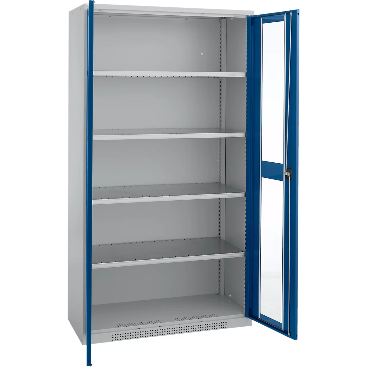 Open, grey steel cabinet with blue frames and shelves. The left door is fully open.