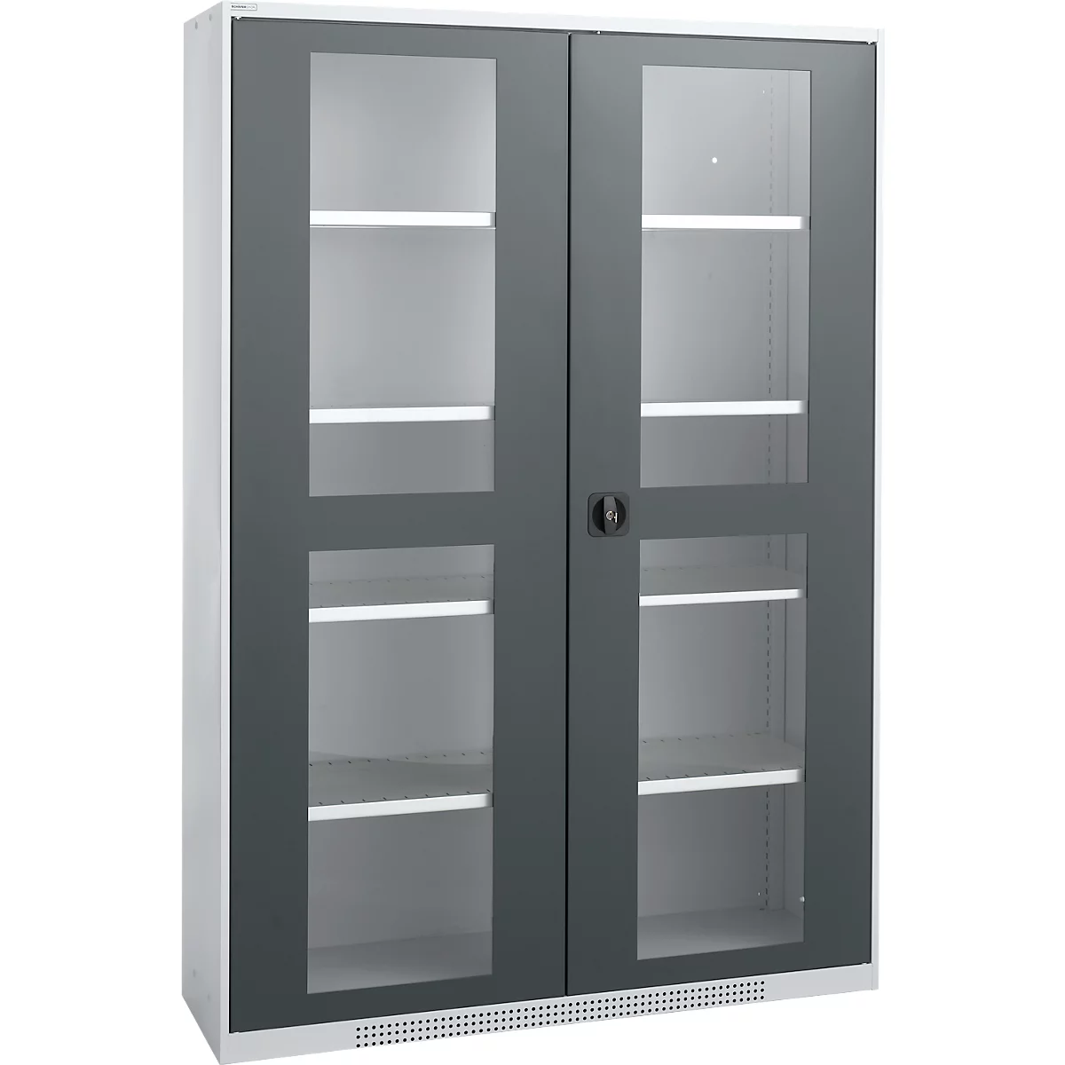 Gray filing cabinet with glass elements and white shelves.