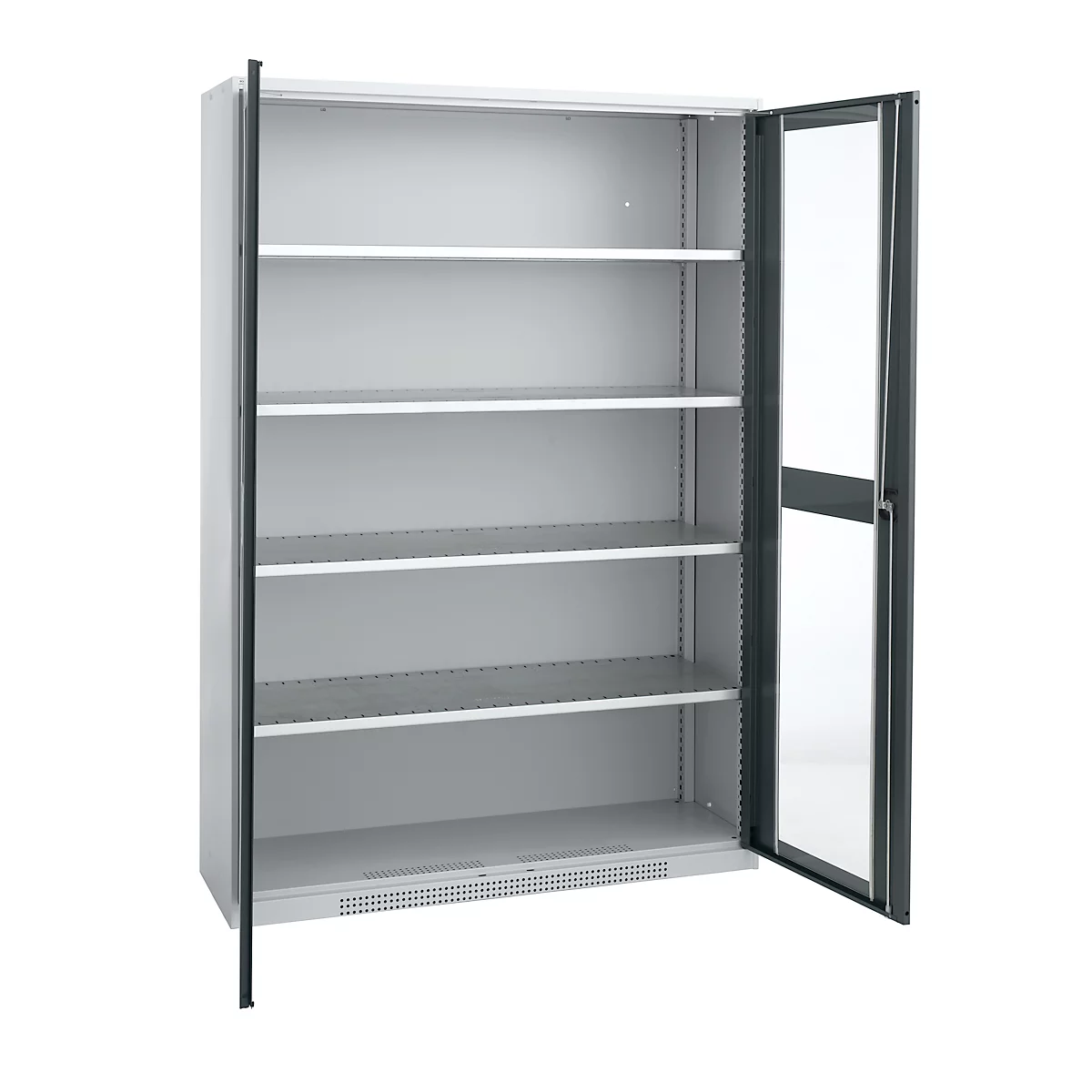 Cabinet with four shelves, one door is open. Grey color. Glass in the door.