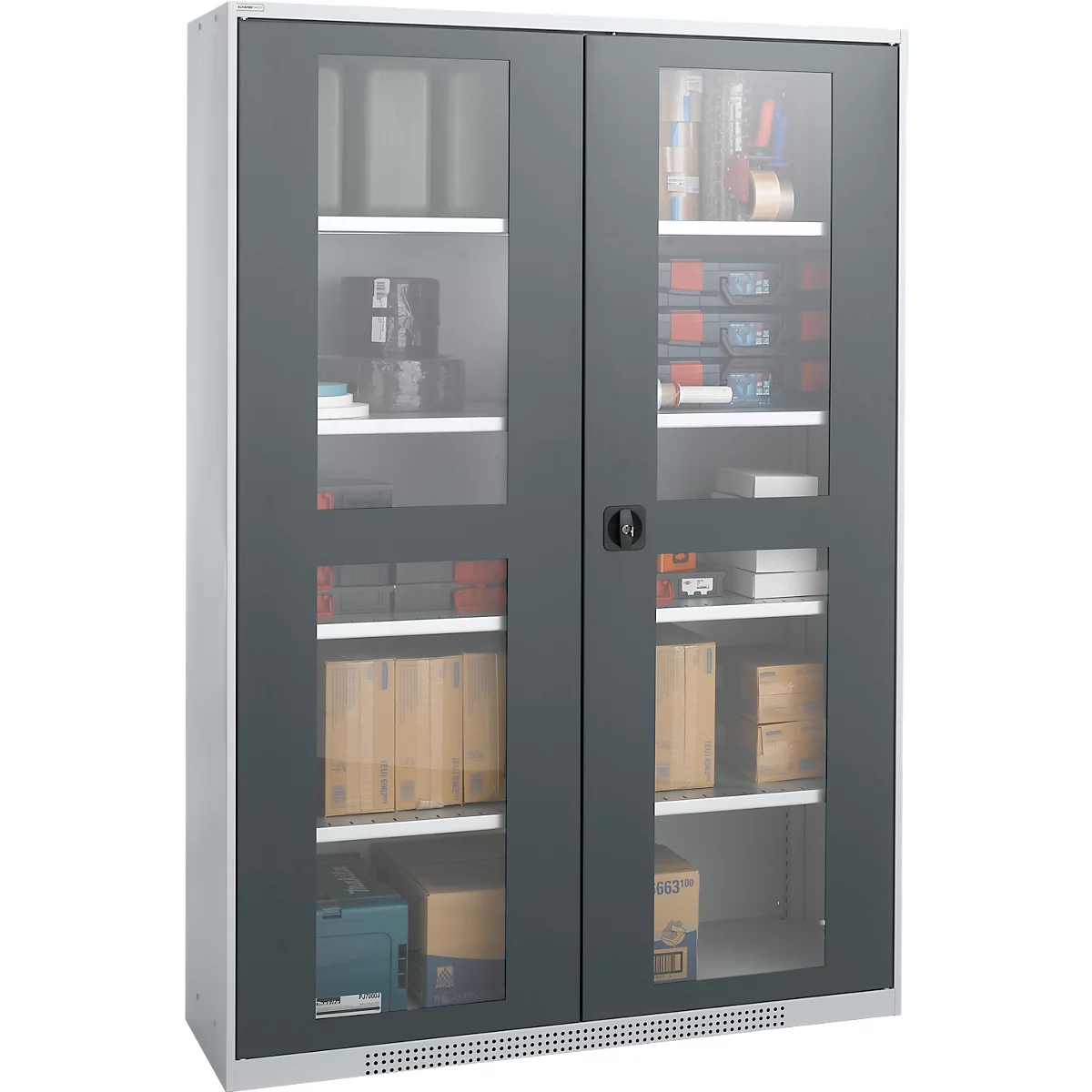 Grey cabinet with glass doors filled with tools and materials.