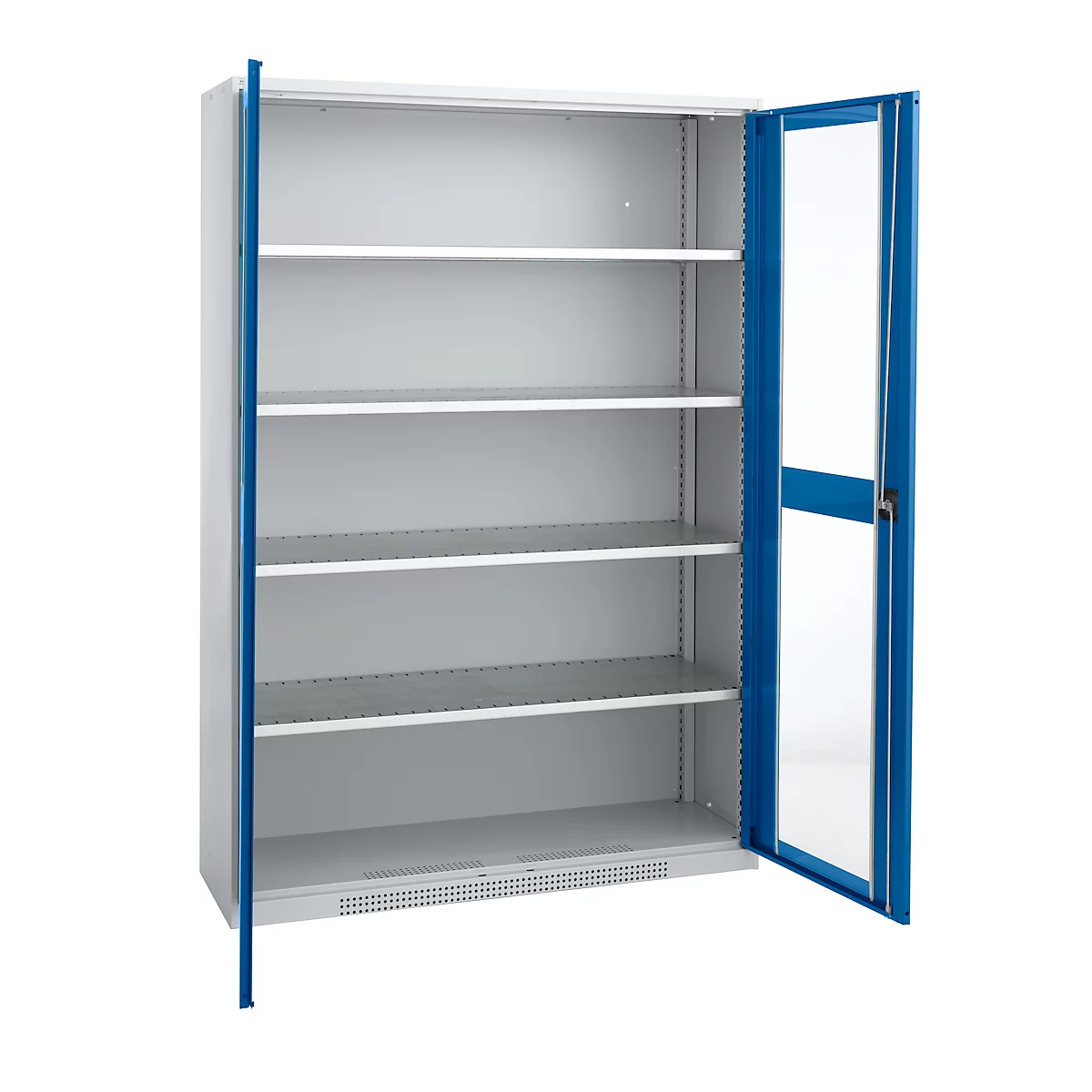Cabinet with open doors, blue framed, interior shelves.