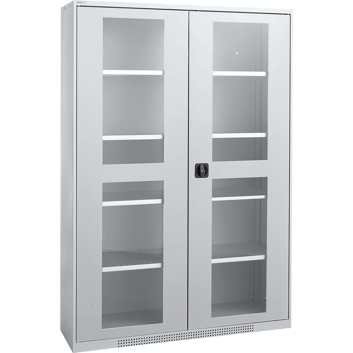 Gray cabinet with glass doors and shelves. Black handle, lower part with ventilation holes.
