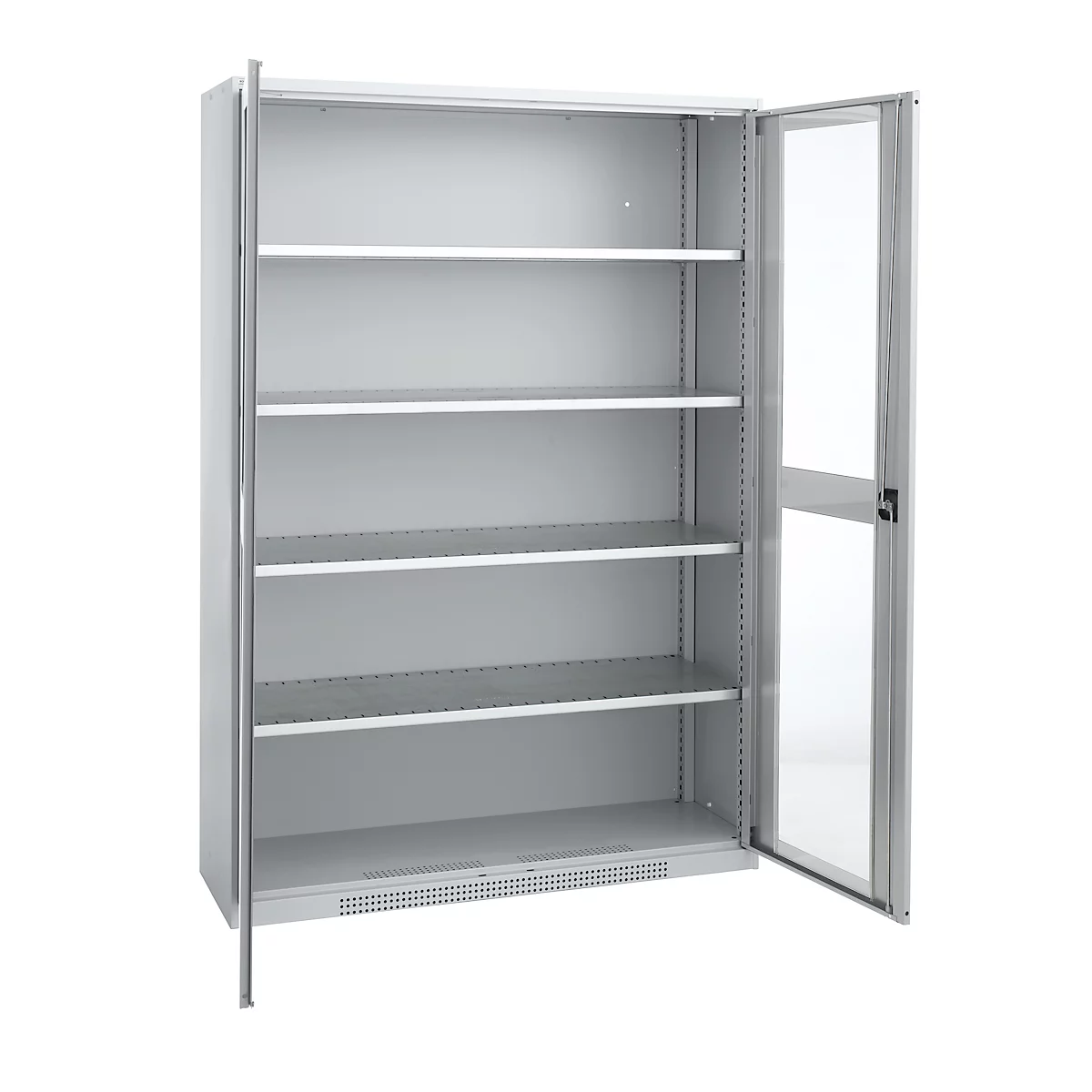 Gray steel cabinet with four shelves, one door open, the other closed.