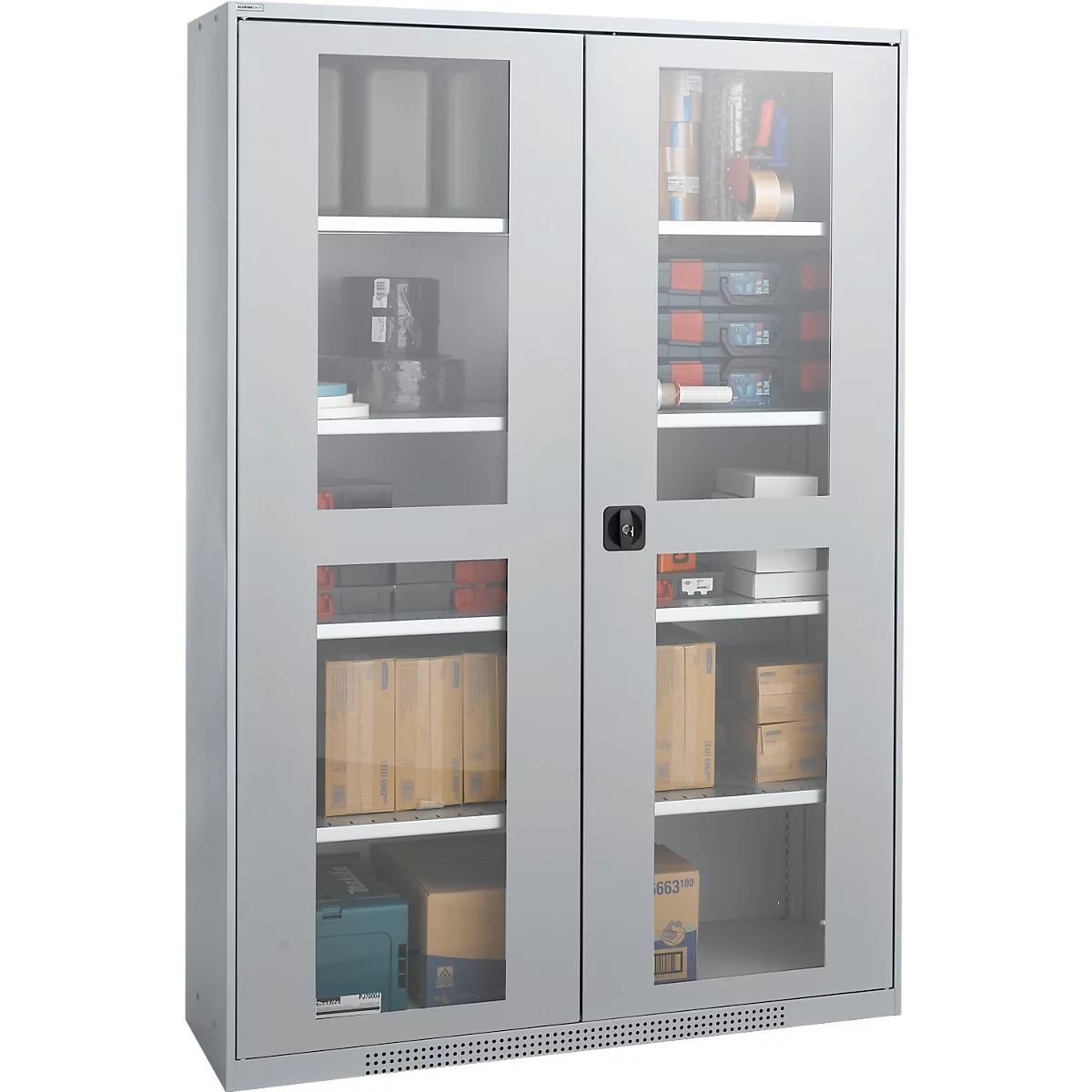 Gray steel cabinet with glass doors filled with tools and accessories.