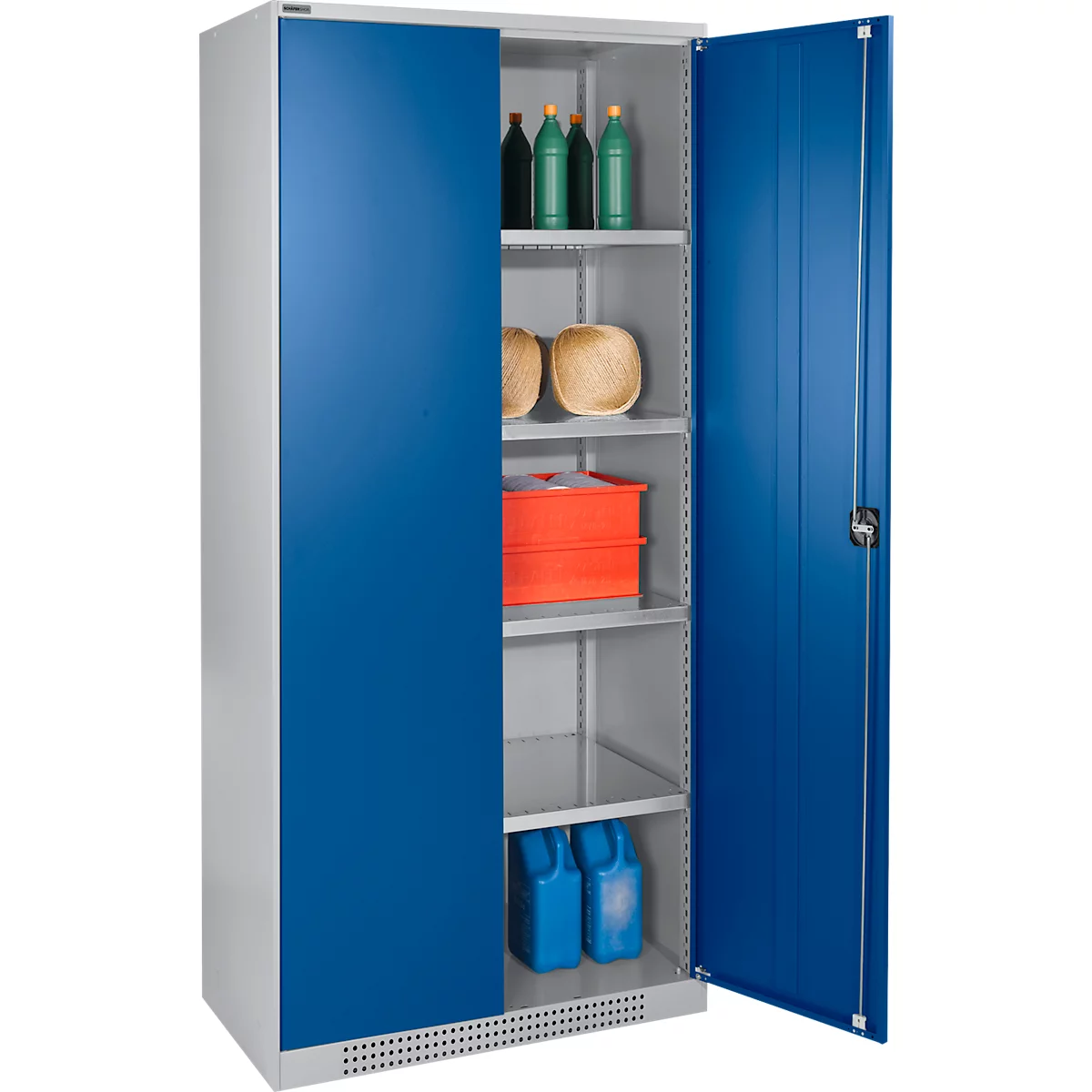 Schäfer Shop Genius FS armoire à portes battantes, acier, avec trous de ventilation, L 810 x P 520 x H 1950 mm, 5 classeurs, aluminium blanc/bleu gentiane, jusqu'à 300 kg