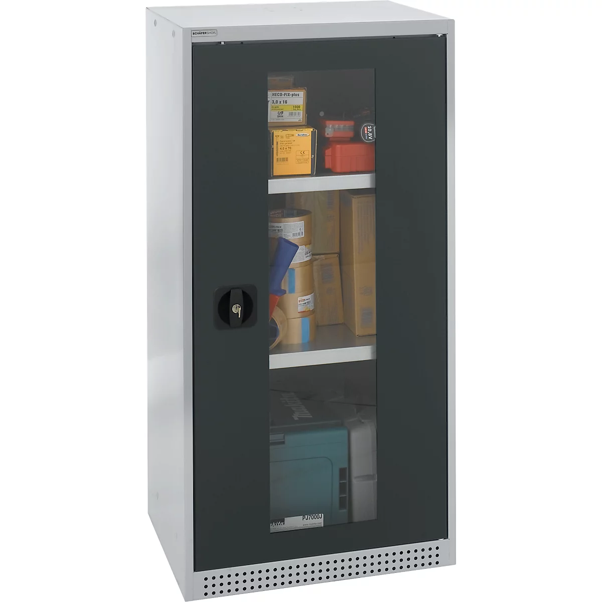 Schaefer Shop Genius FS deurkast, 3 OH, afsluitbaar, 2 legborden, tot 250 kg, B 545 mm, staal, alu wit RAL 9006/antracietgrijs RAL 7016