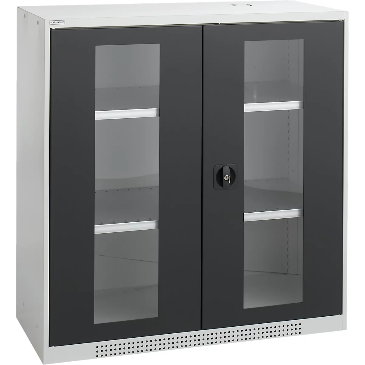 White cabinet with two glass doors, black frame and handle. Inside are two shelves.