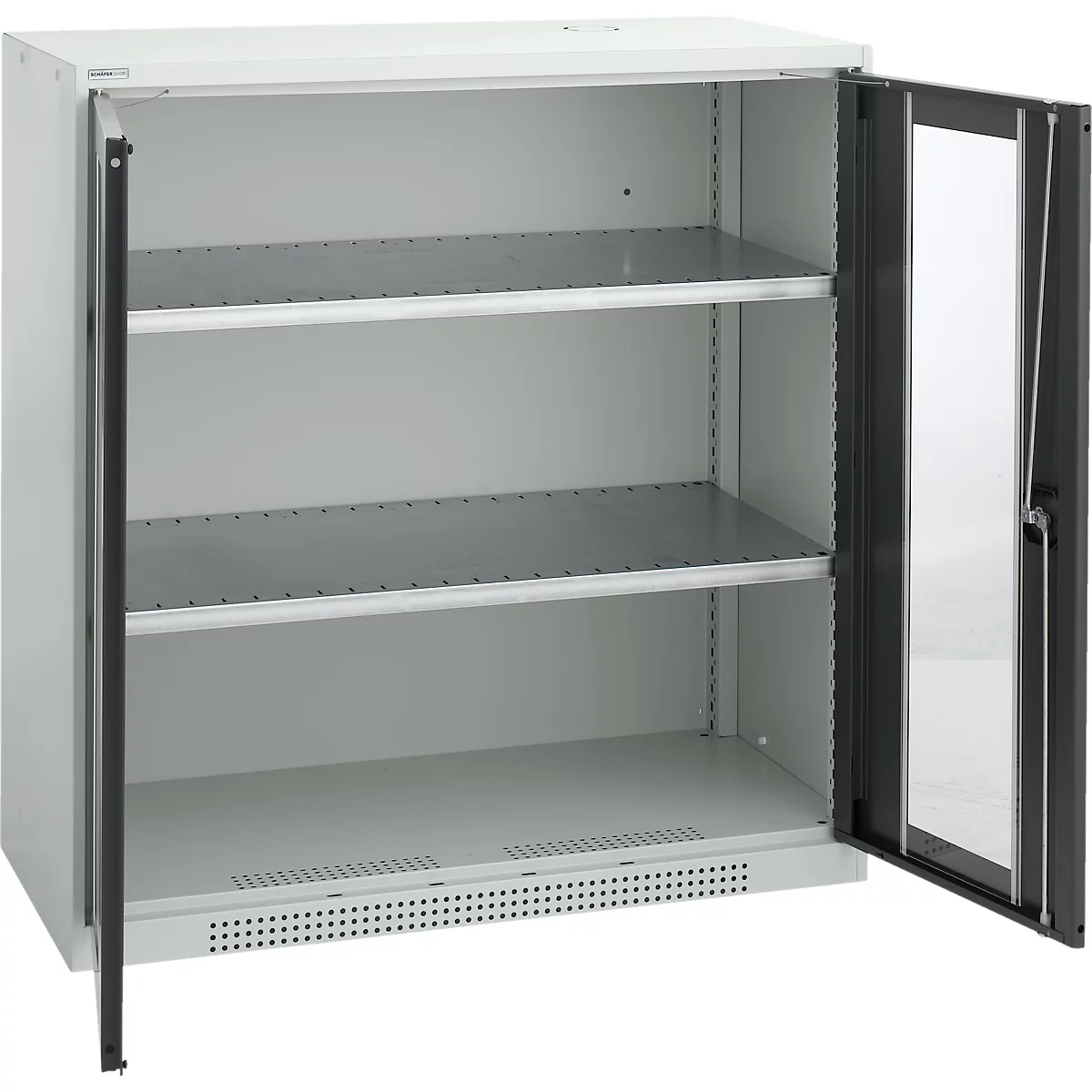 An open, light gray cabinet with three shelves. The right door is open.