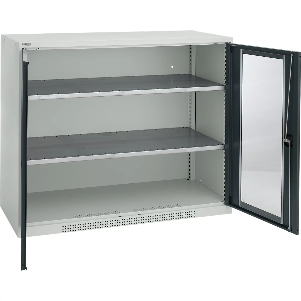Gray steel cabinet with open door leaf. Inside, three shelves. Right door with glass. Black door frames.