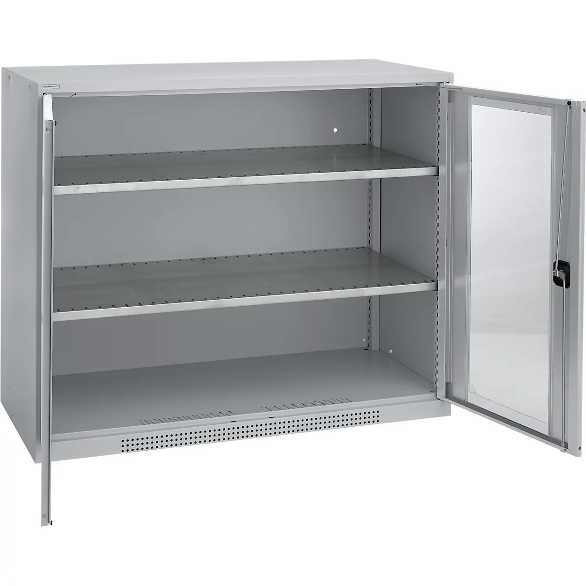 Gray metal cabinet with open door, showing three shelves inside.