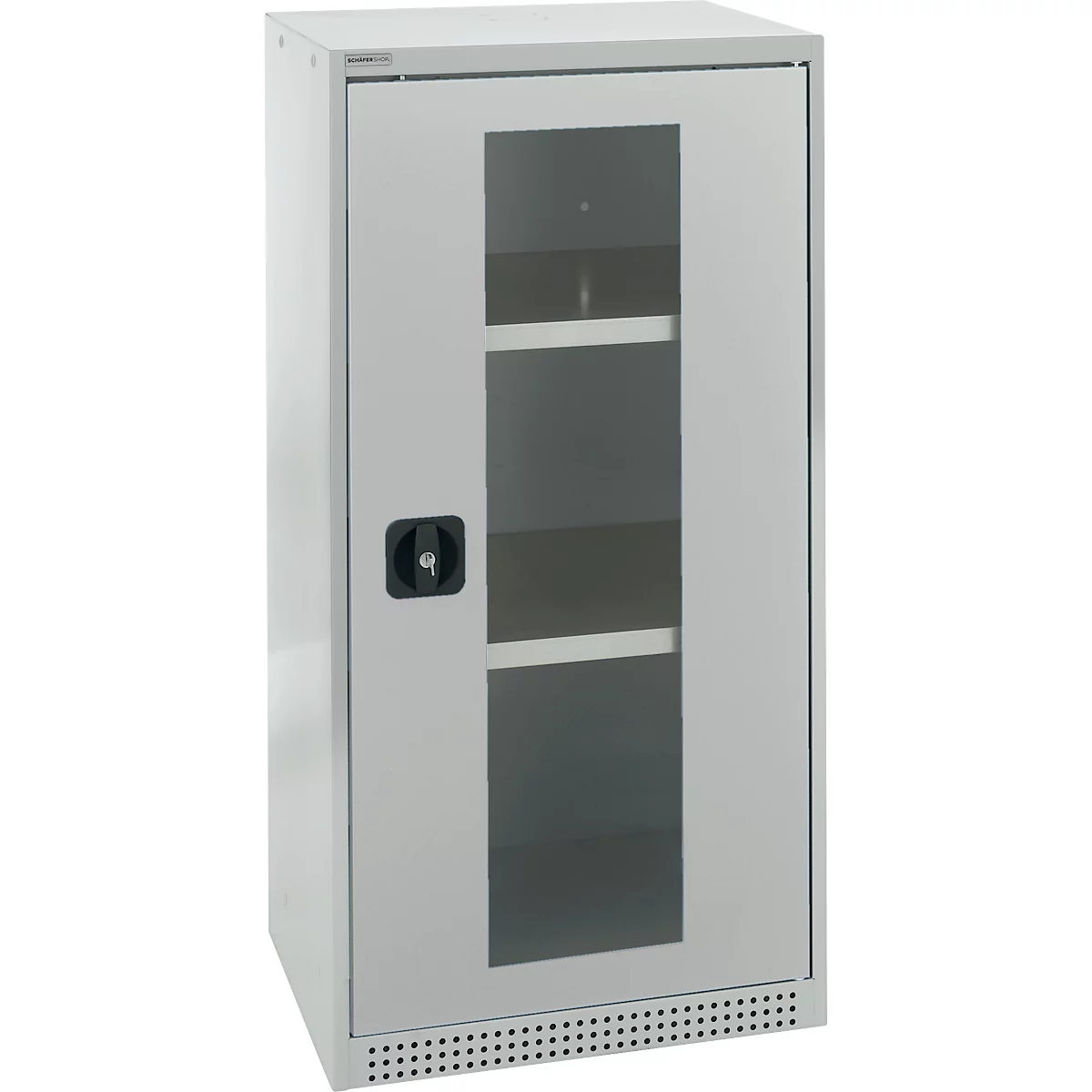 Gray, rectangular cabinet with glass door and black handle. Holes at the bottom for ventilation.
